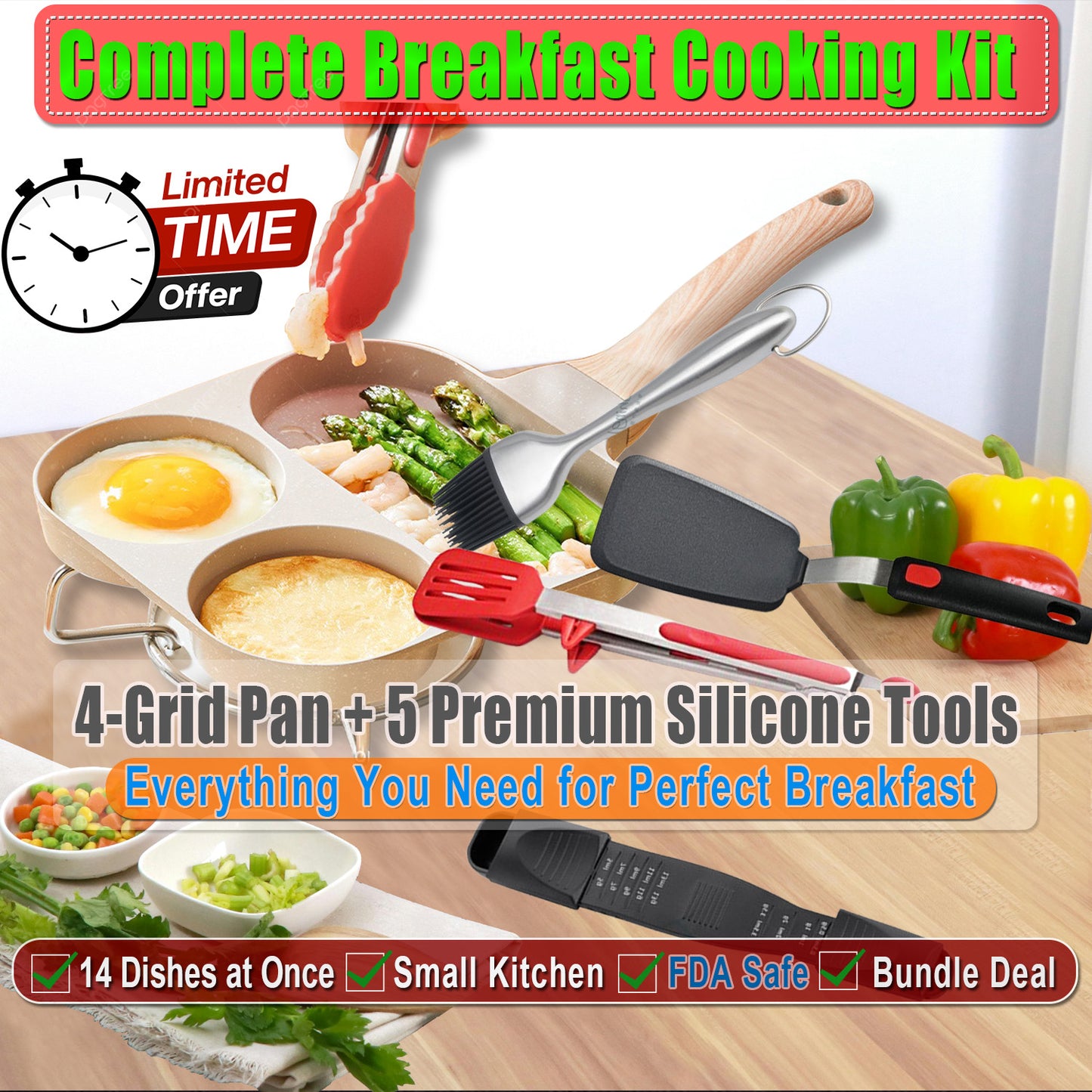 Complete Breakfast Cooking Kit for Malaysian Homes | 4-Grid Non-Stick Pan + 5 Premium Silicone Tools