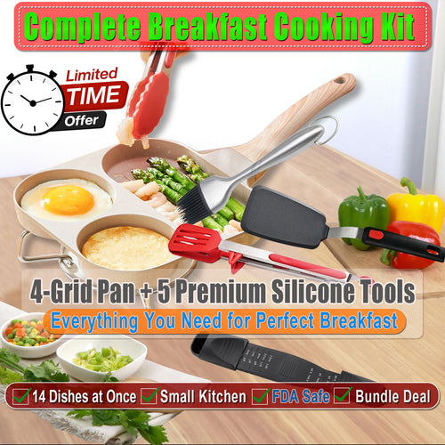 Complete Breakfast Cooking Kit for Malaysian Homes | 4-Grid Non-Stick Pan + 5 Premium Silicone Tools - 图片1