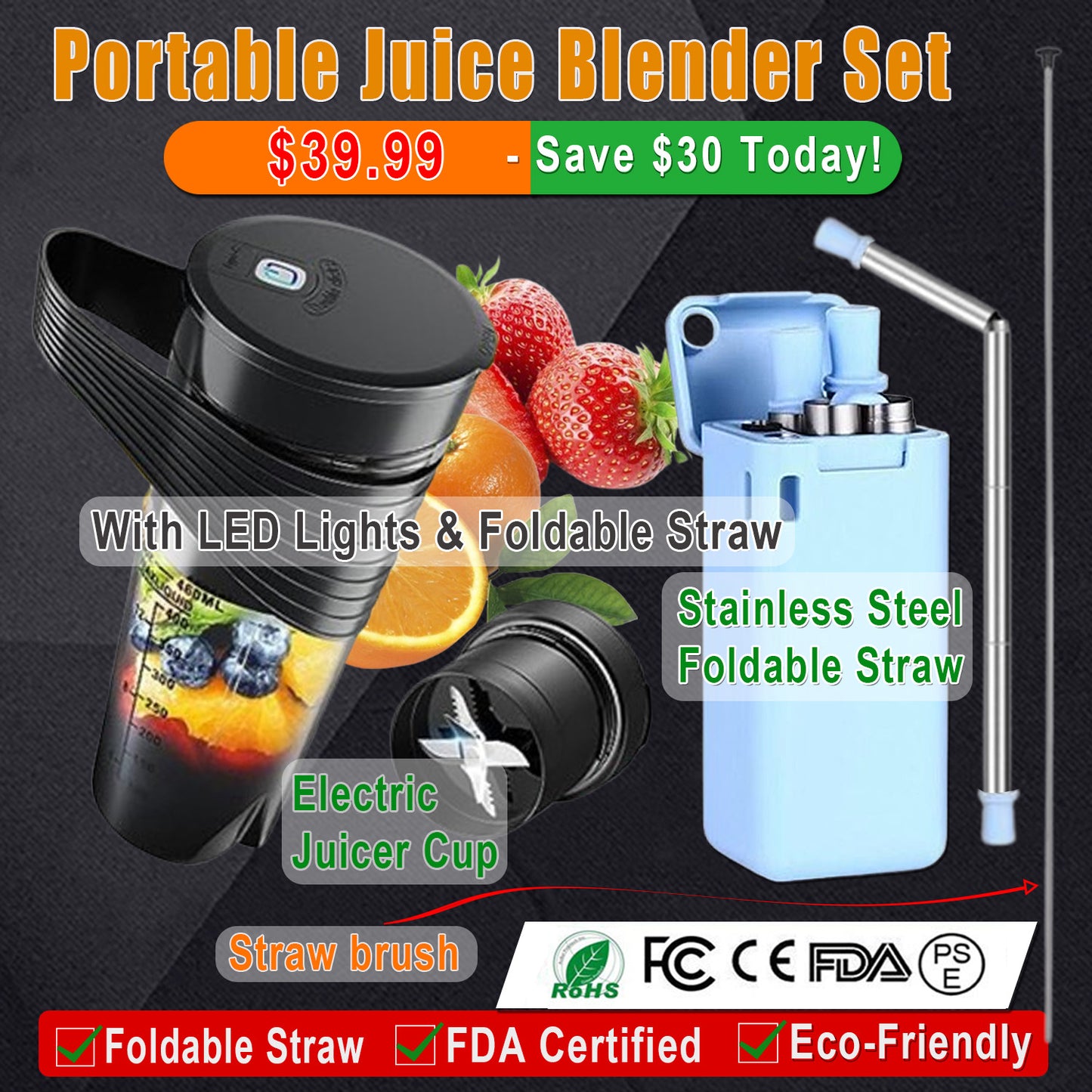 Portable Sports Blender with LED Lights & Foldable Straw - 460ml