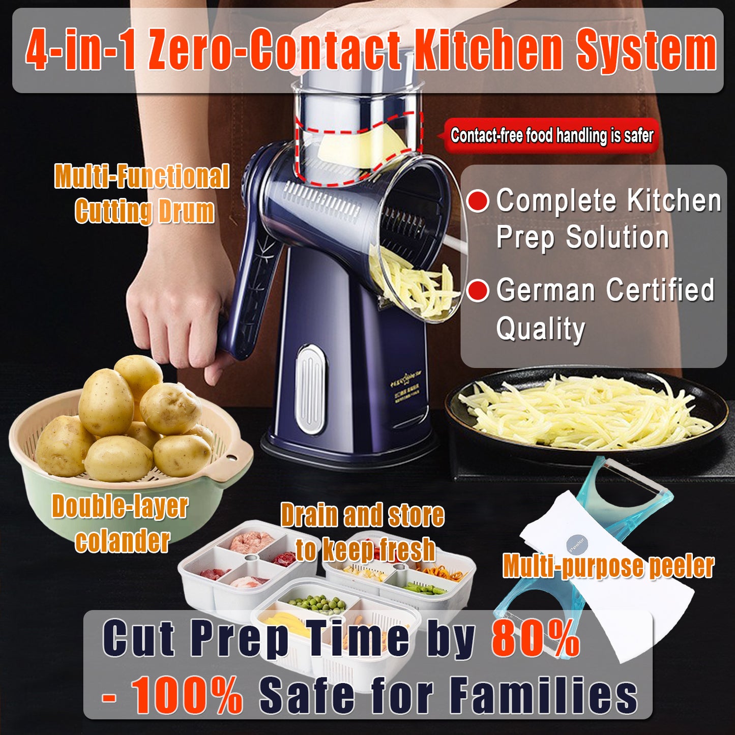 5-in-1 Rotary Vegetable Slicer - Professional Kitchen Mandoline with Zero-Contact Safety