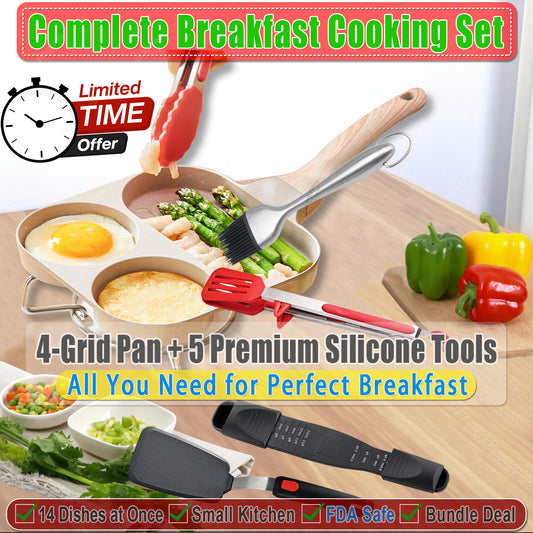 Complete Breakfast Cooking Set for Malaysian Homes | 4-Grid Non-Stick Pan + 5 Premium Silicone Tools