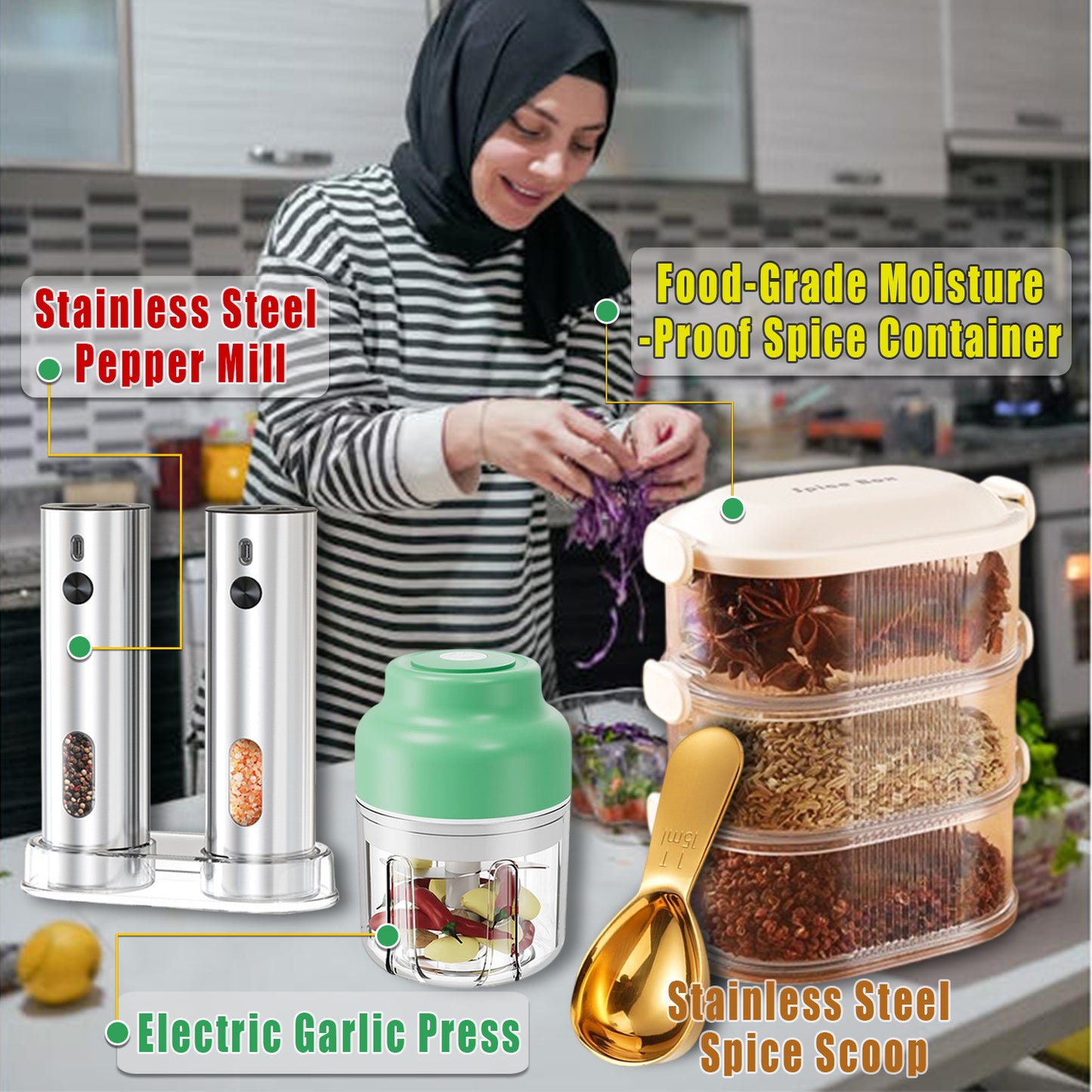 4-Piece Kitchen Spice Set - Electric Grinder & Garlic Chopper Kit