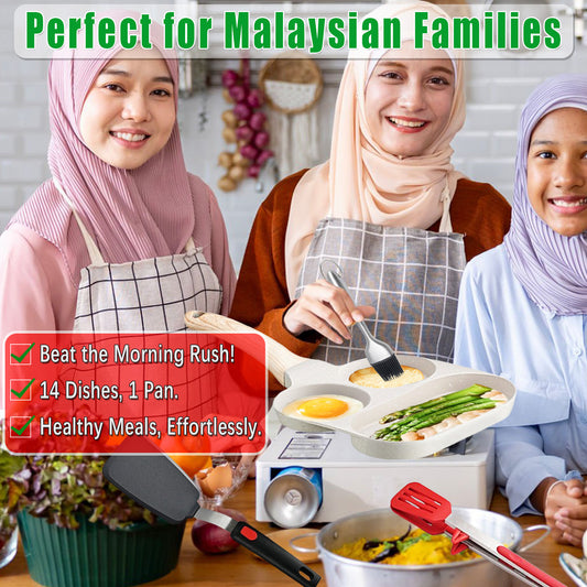 Complete Breakfast Cooking Set for Malaysian Homes | 4-Grid Non-Stick Pan + 5 Premium Silicone Tools