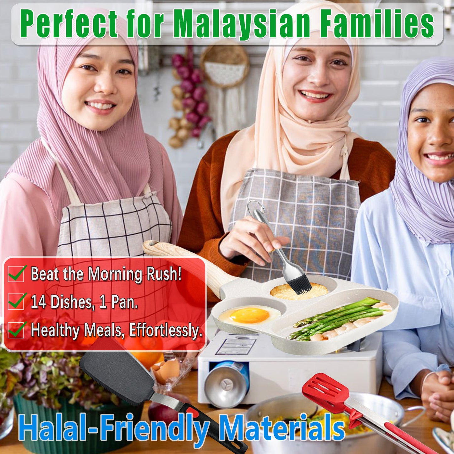 Complete Breakfast Cooking Kit for Malaysian Homes | 4-Grid Non-Stick Pan + 5 Premium Silicone Tools