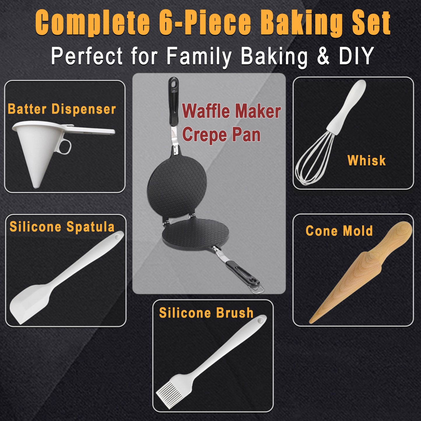 6-Piece Egg Roll Waffle Maker Set - Family Baking Starter Kit