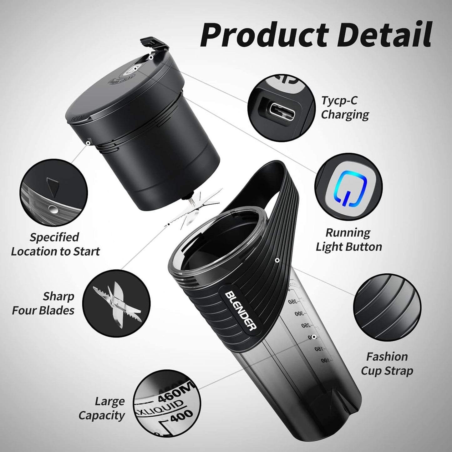 Portable Sports Blender with LED Lights & Foldable Straw - 460ml