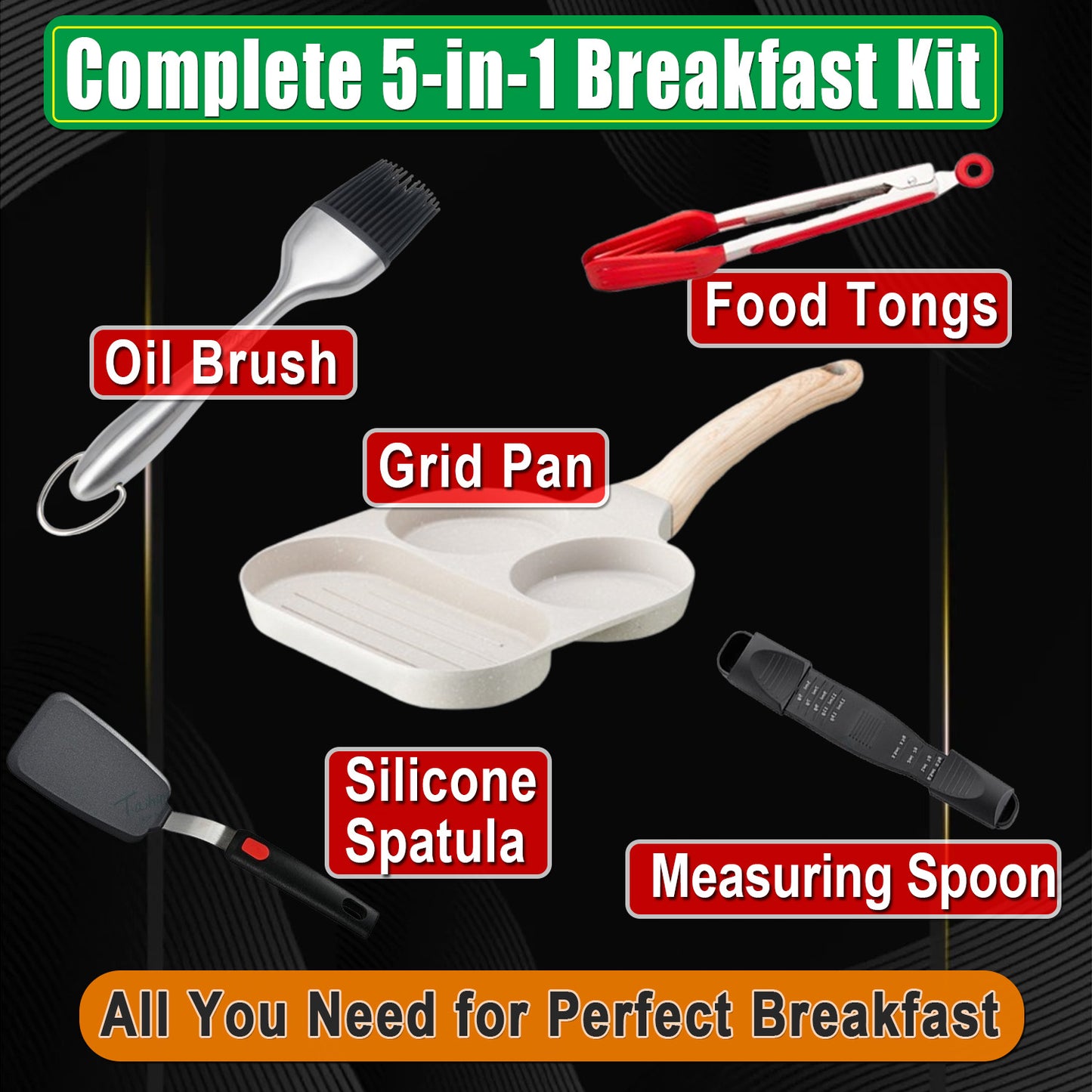 Complete Breakfast Cooking Kit for Malaysian Homes | 4-Grid Non-Stick Pan + 5 Premium Silicone Tools