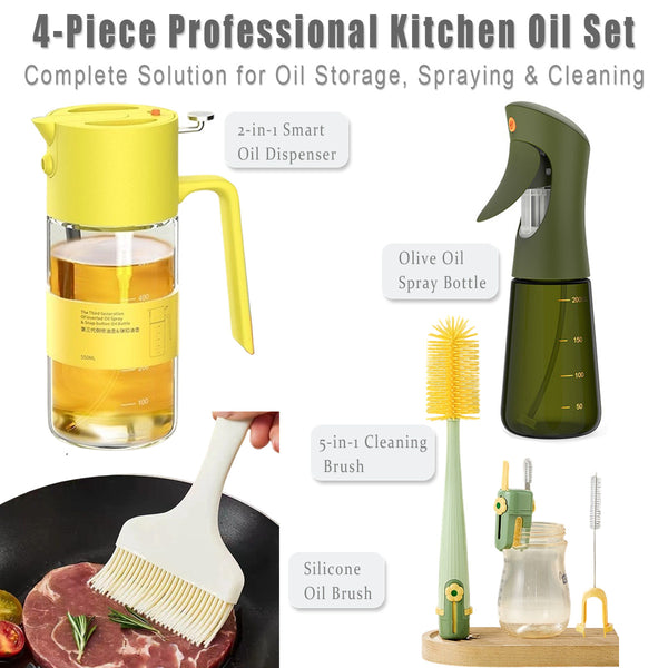 4-Piece Professional Oil Dispenser Set - Smart Spray Bottles & Cleaning Kit