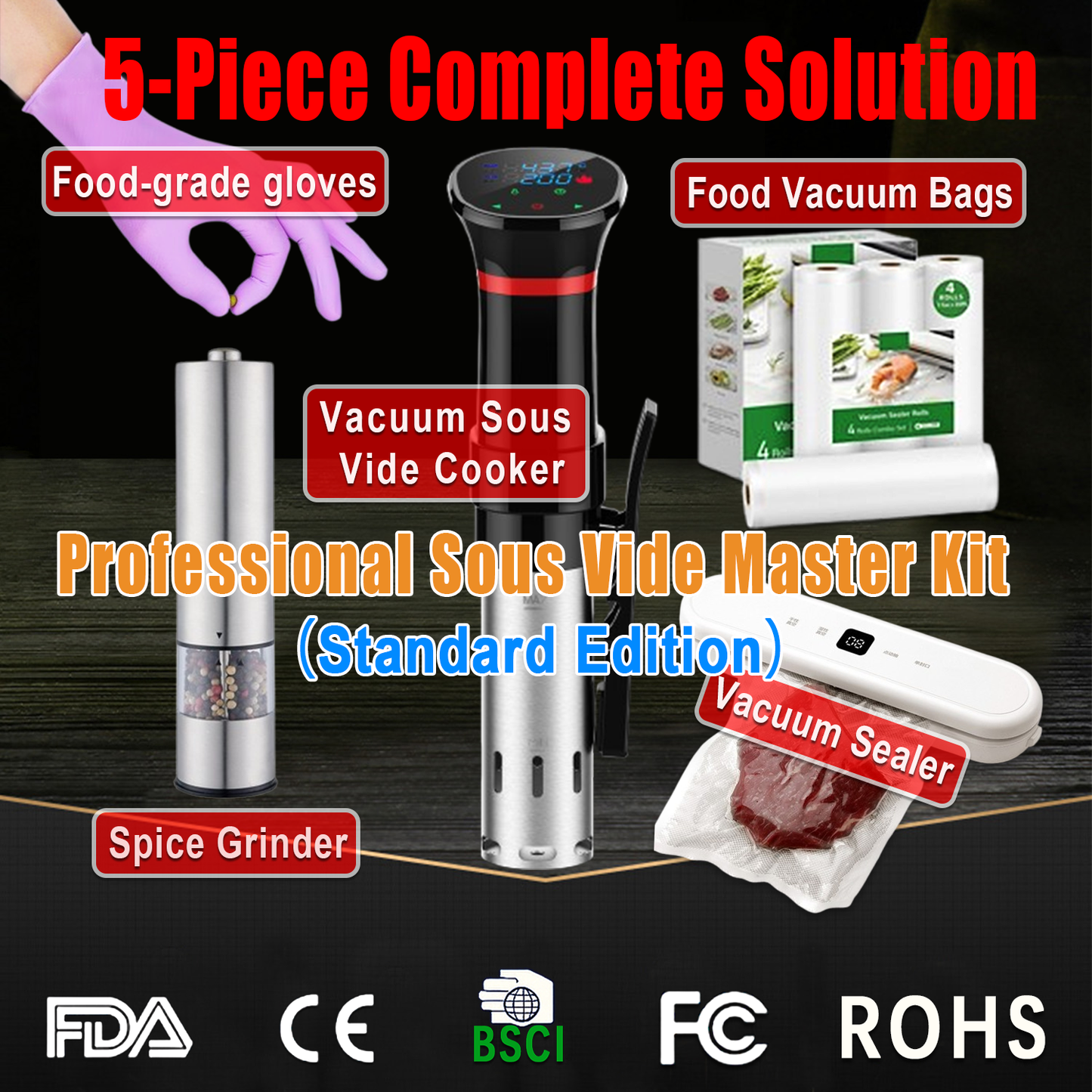 5-Piece Complete Solution - Professional Sous Vide Master Kit ($269 Value, Save $109）