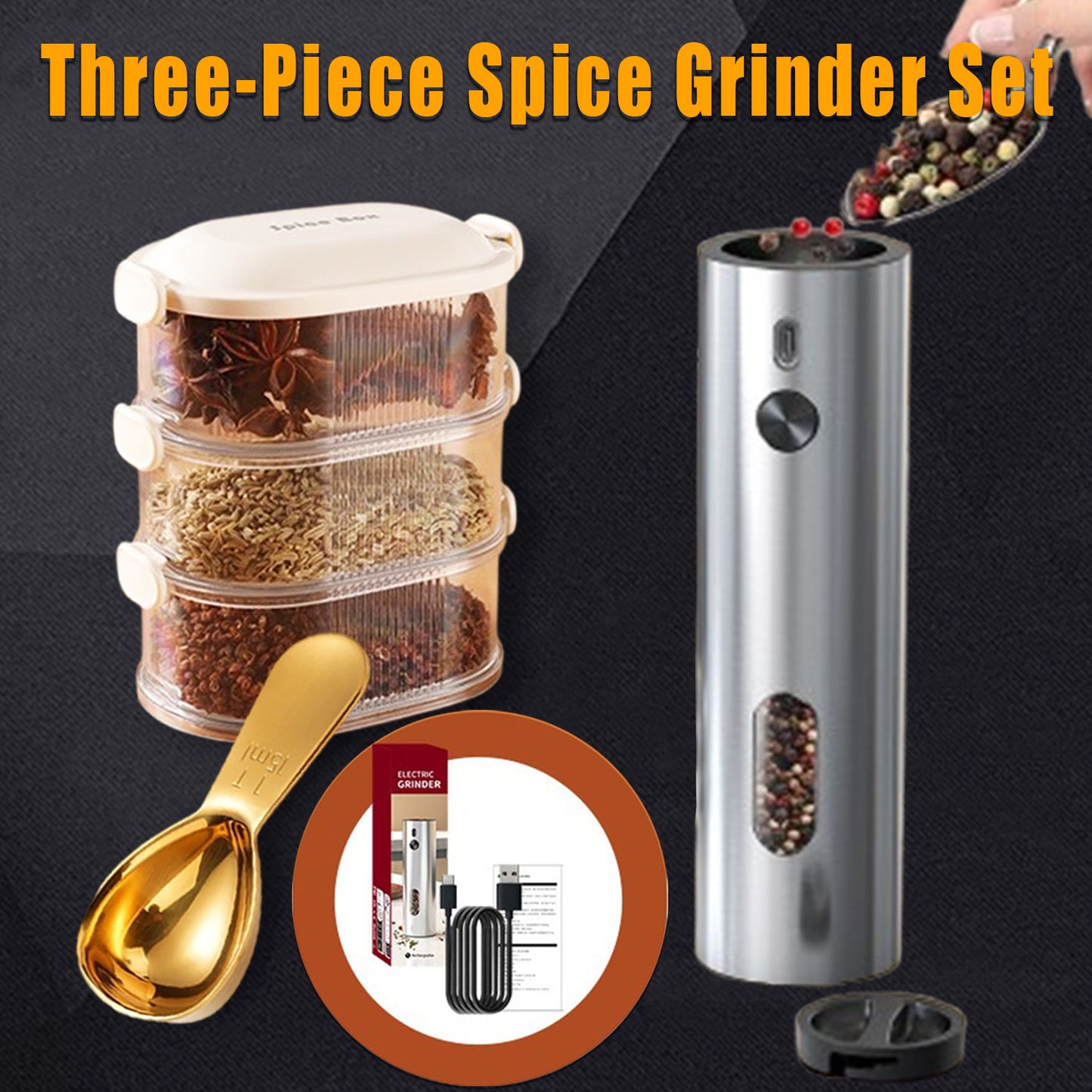 4-Piece Kitchen Spice Set - Electric Grinder & Garlic Chopper Kit