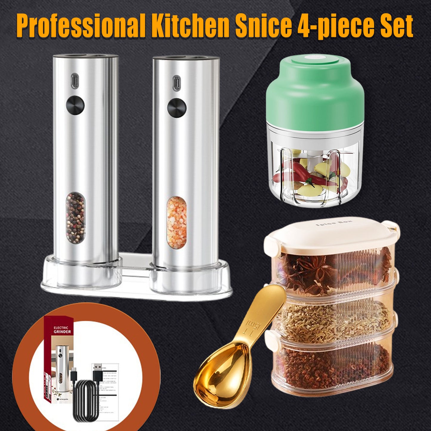 4-Piece Kitchen Spice Set - Electric Grinder & Garlic Chopper Kit