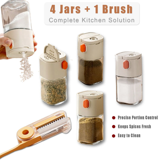 4-Jar Kitchen Spice Set + Cleaning Brush - Dual Spout