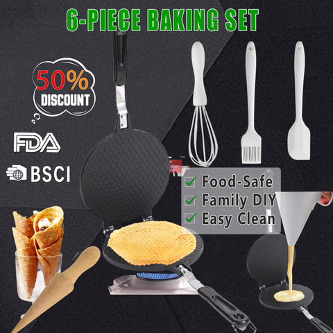 6-Piece Egg Roll Waffle Maker Set - Family Baking Starter Kit - 完整包装内容展示图