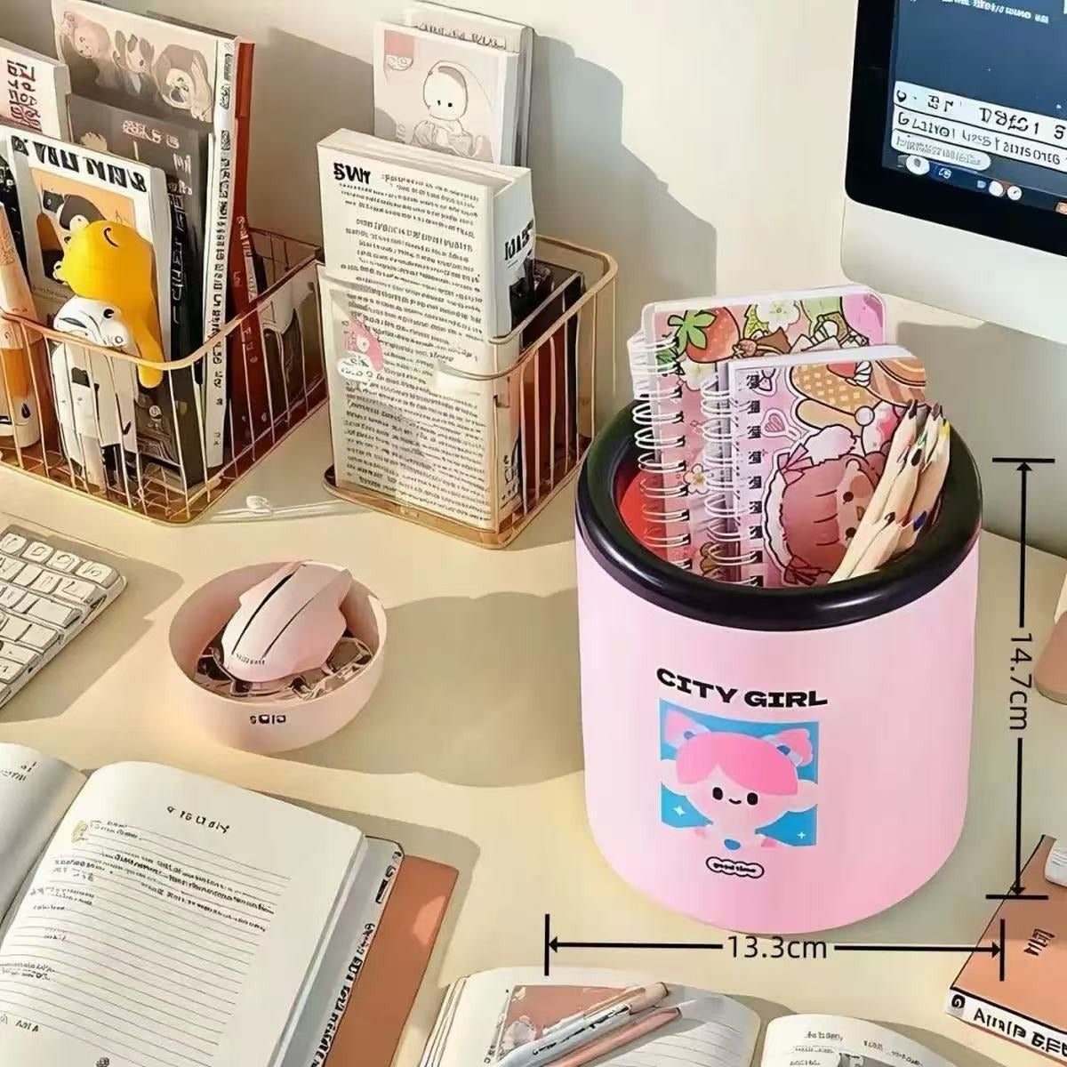 Cartoon Desk Trash Can - Oilproof Lid, Cute Storage Bin for Home/Dorm