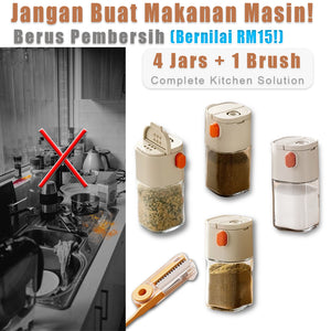4-Jar Kitchen Spice Set + Cleaning Brush - Dual Spout
