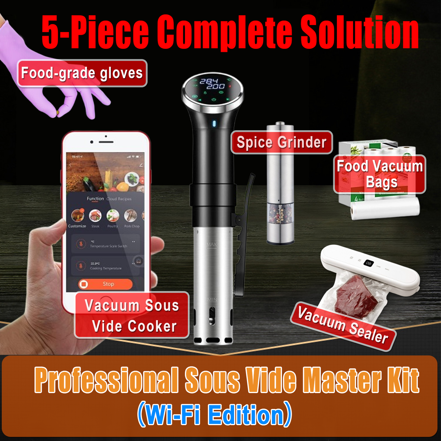 5-Piece Complete Solution - Professional Sous Vide Master Kit ($269 Value, Save $109）