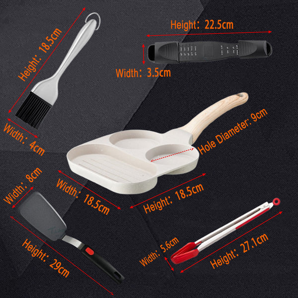 Product Dimensions - Complete Breakfast Cooking Kit for Malaysian Homes | 4-Grid Non-Stick Pan + 5 Premium Silicone Tools