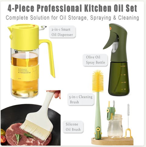 4-Piece Professional Oil Dispenser Set - Smart Spray Bottles & Cleaning Kit - 完整包装内容展示图