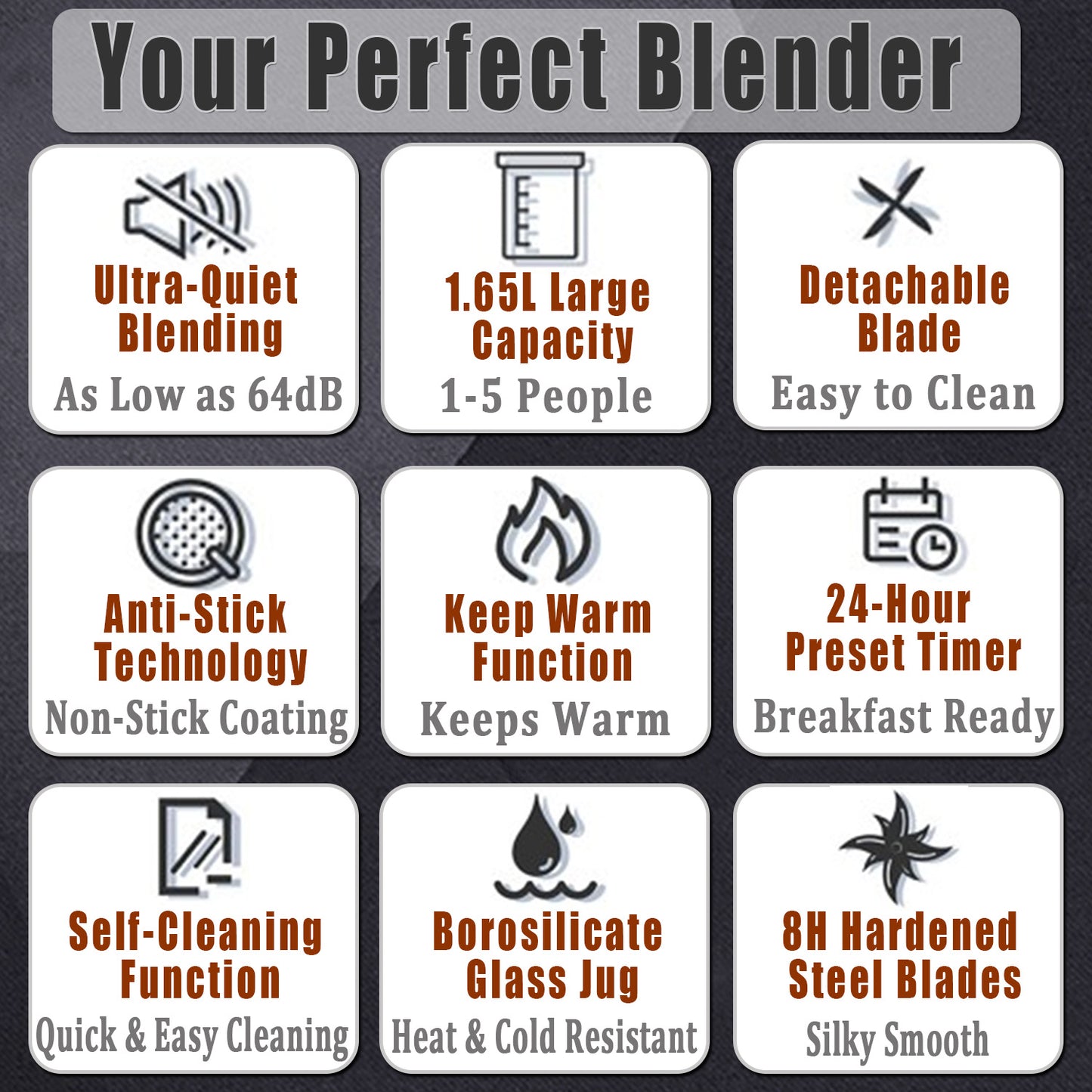 Smart Blender Features - 64dB Quiet 1.65L Capacity Detachable Blade Anti-Stick Borosilicate Glass